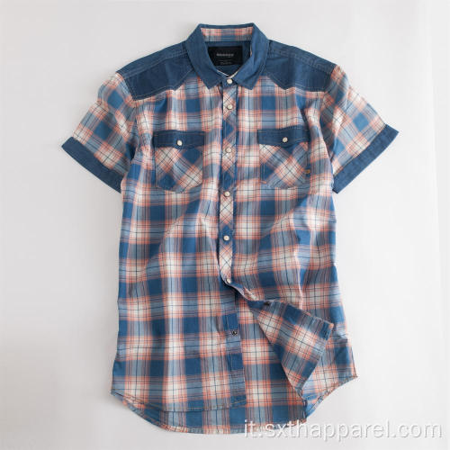 Camicia a maniche corte scozzese in denim patchwork da uomo